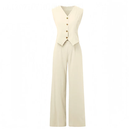 Sleeveless cream vest and wide-leg pants set, modern minimalist fashion from FashionRay