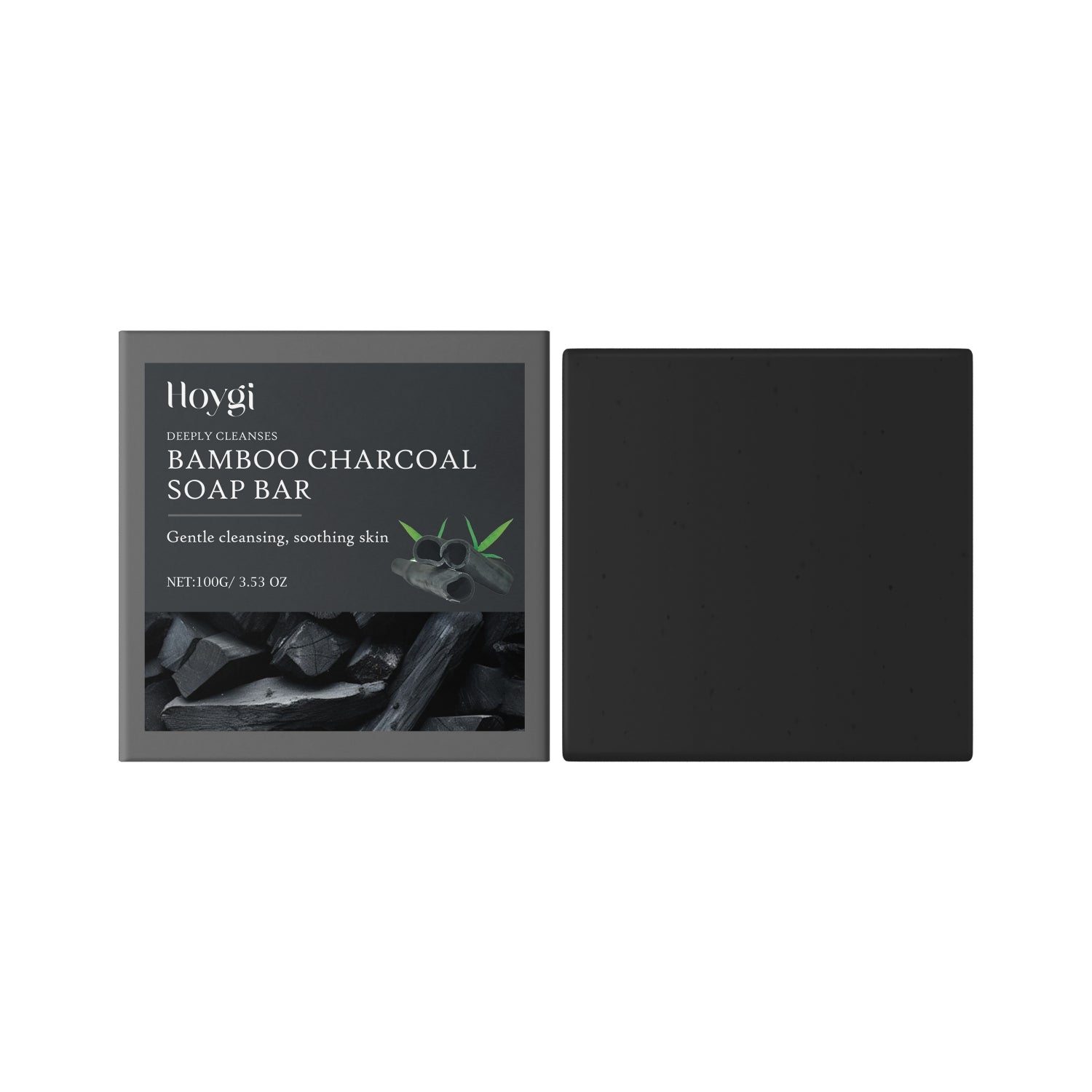 Hoygi bamboo charcoal soap bar packaging with black soap, gentle cleansing skincare
