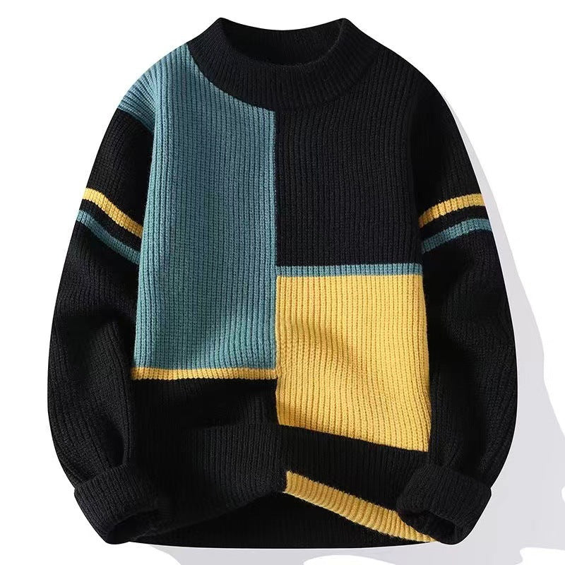 Colorblock ribbed sweater in black, yellow, and teal from FashionRay, trendy cozy knitwear