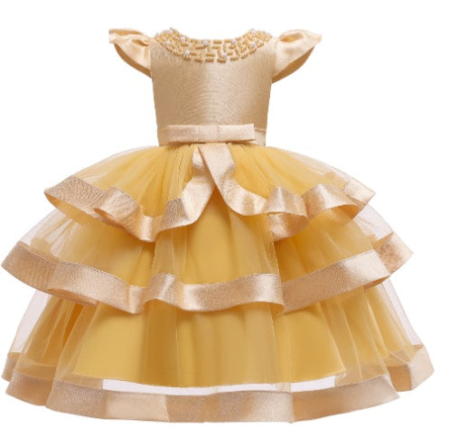 Elegant yellow ruffled toddler dress with bow and embellishments, FashionRay kids fashion