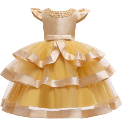Elegant yellow ruffled toddler dress with bow and embellishments, FashionRay kids fashion