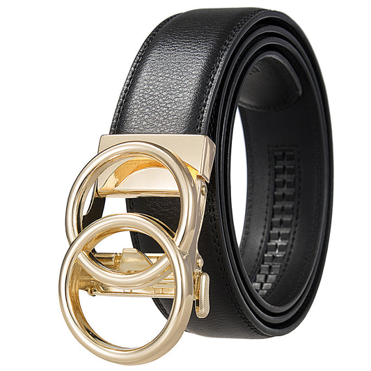 FashionRay black leather belt with gold double ring buckle, modern trendy accessory