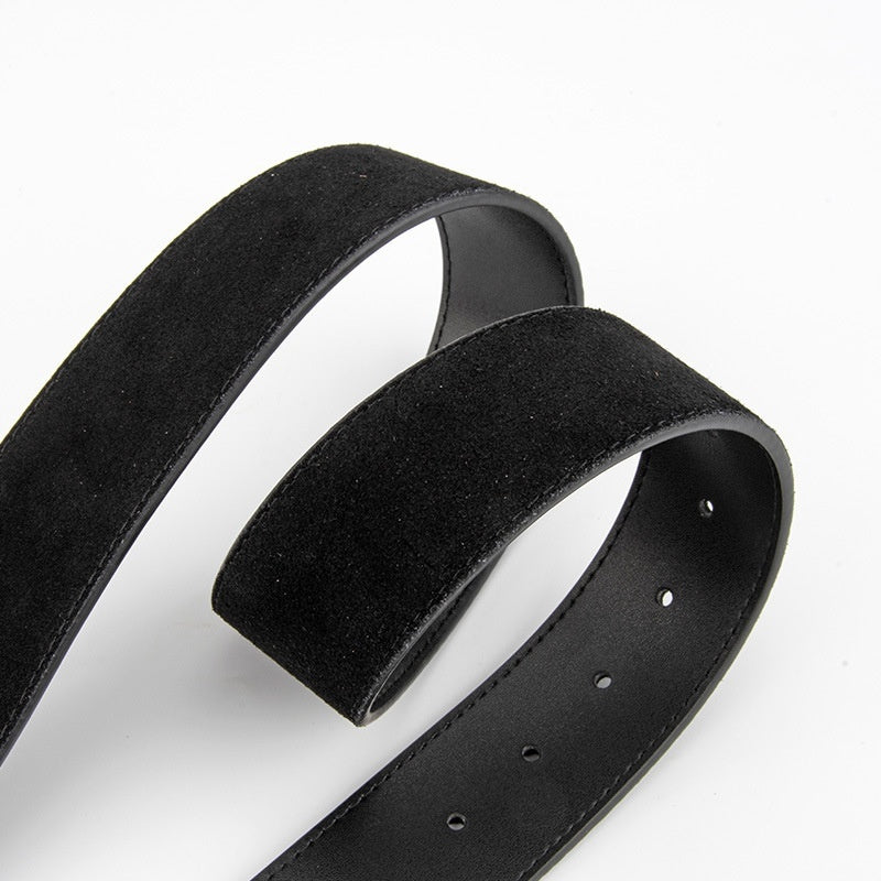 Black suede leather belt on white background, FashionRay trendy accessory