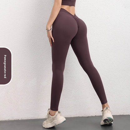 FashionRay pomegranate red high-waisted leggings with ruched seam, sporty and trendy style