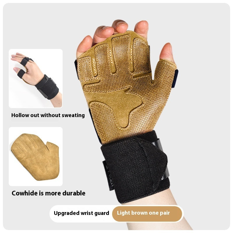 Light brown cowhide workout gloves with upgraded wrist guard, breathable palm, FashionRay fitness accessory