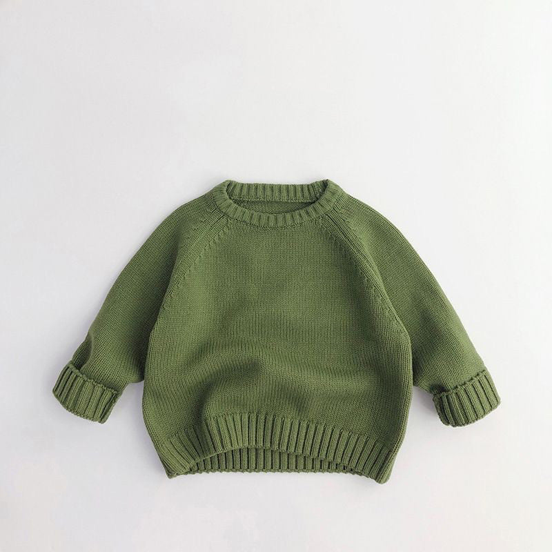 Olive green knit sweater with ribbed cuffs and hem on white background, FashionRay style