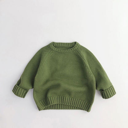 Olive green knit sweater with ribbed cuffs and hem on white background, FashionRay style