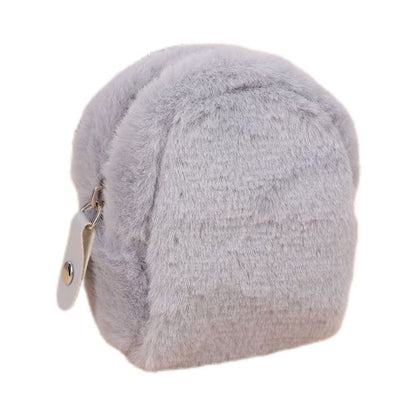 Soft grey faux fur mini backpack with zipper and white leather detail, FashionRay accessory