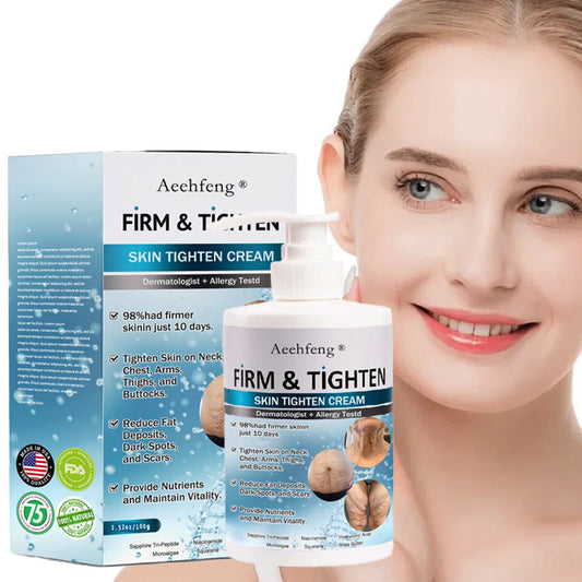 Woman smiling with Acehfeng Firm & Tighten Skin Tighten Cream product, FashionRay skincare