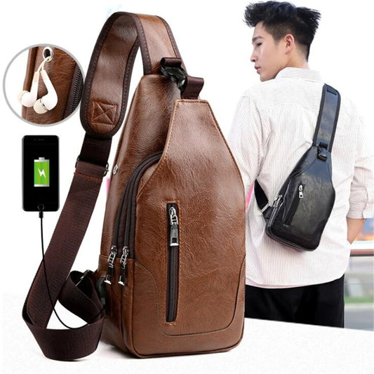 FashionRay crossbody sling bag with USB charging port, brown and black options, worn by man