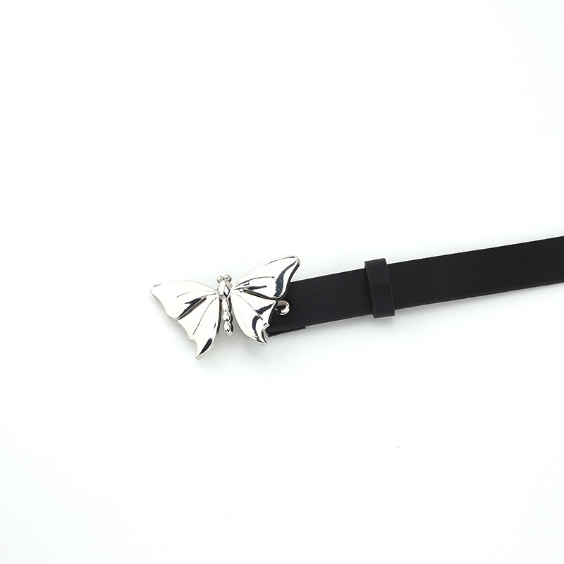 Black belt with silver butterfly buckle on white background, trendy accessory from FashionRay