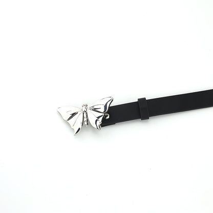 Black belt with silver butterfly buckle on white background, trendy accessory from FashionRay