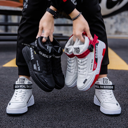 FashionRay trendy high-top sneakers in black, white, and white-red, held outdoors on asphalt