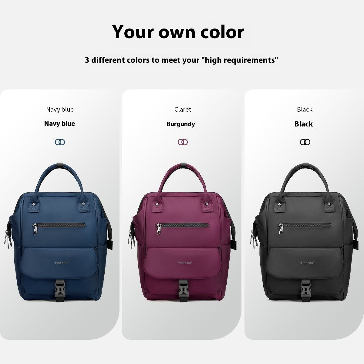 FashionRay backpacks in navy blue, burgundy, and black with front zip pockets, displayed side by side.