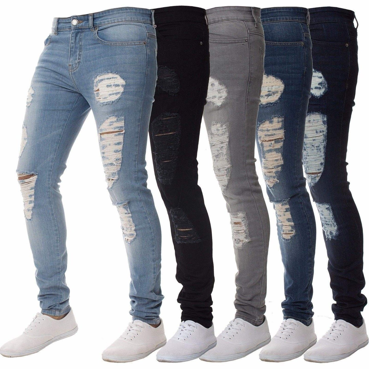 FashionRay men's distressed skinny jeans in light blue, black, grey, blue, and dark blue