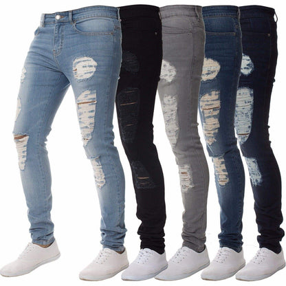 FashionRay men's distressed skinny jeans in light blue, black, grey, blue, and dark blue