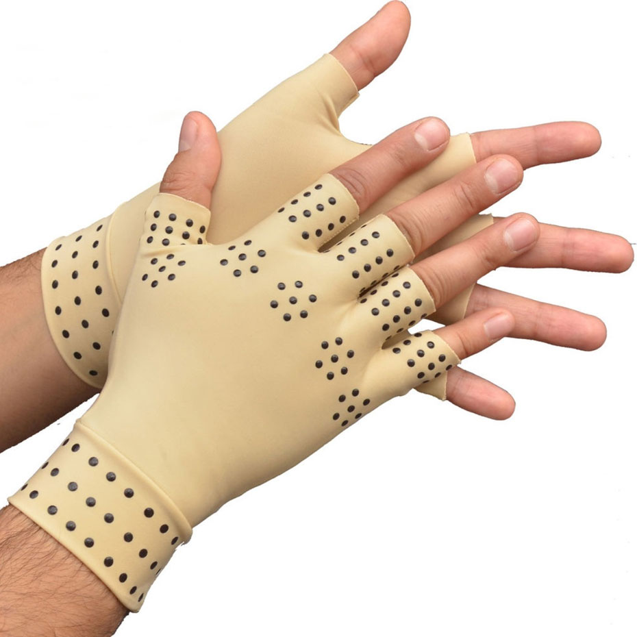 Beige fingerless compression gloves with black grip dots, stylish comfort from FashionRay