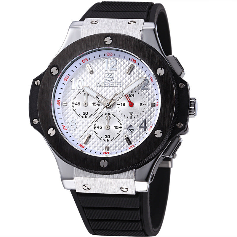 Men’s silver chronograph watch with black rubber strap and textured dial, FashionRay accessory