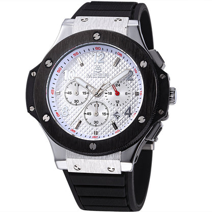 Men’s silver chronograph watch with black rubber strap and textured dial, FashionRay accessory