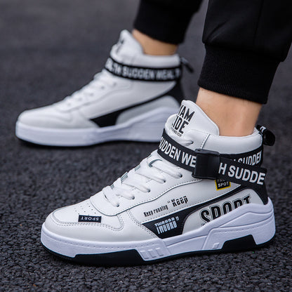 Trendy white high-top sneakers with bold black accents and sporty text, FashionRay street style