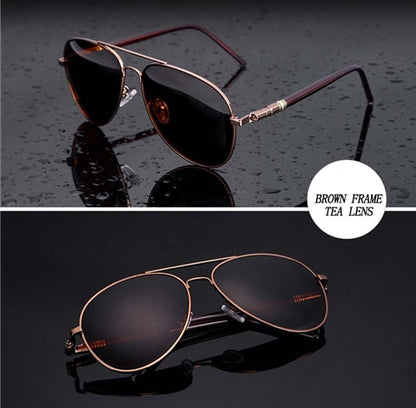 Brown frame aviator sunglasses with tea tinted lenses on black wet surface, FashionRay style