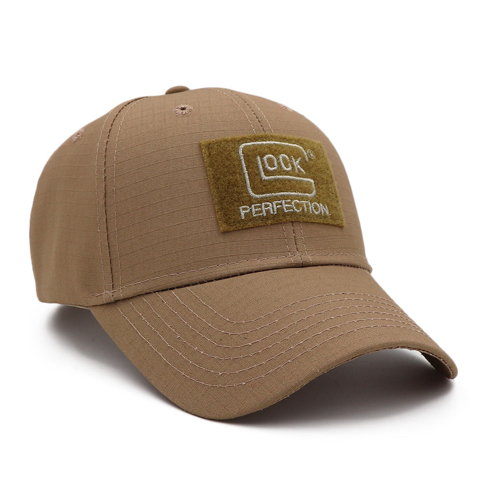Khaki baseball cap with velcro patch and 'Glock Perfection' logo, stylish comfort by FashionRay.