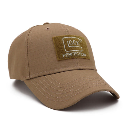 Khaki baseball cap with velcro patch and 'Glock Perfection' logo, stylish comfort by FashionRay.