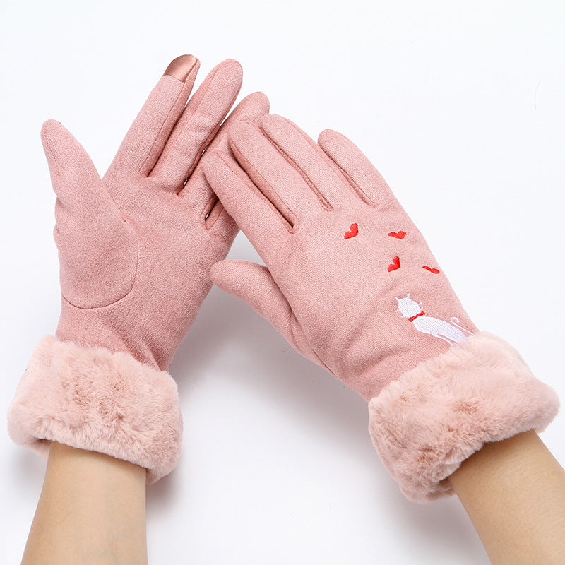 Pink winter gloves with faux fur cuffs, cat and hearts embroidery, FashionRay accessory