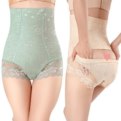 FashionRay high-waist lace shapewear panties in mint green and beige displayed on models
