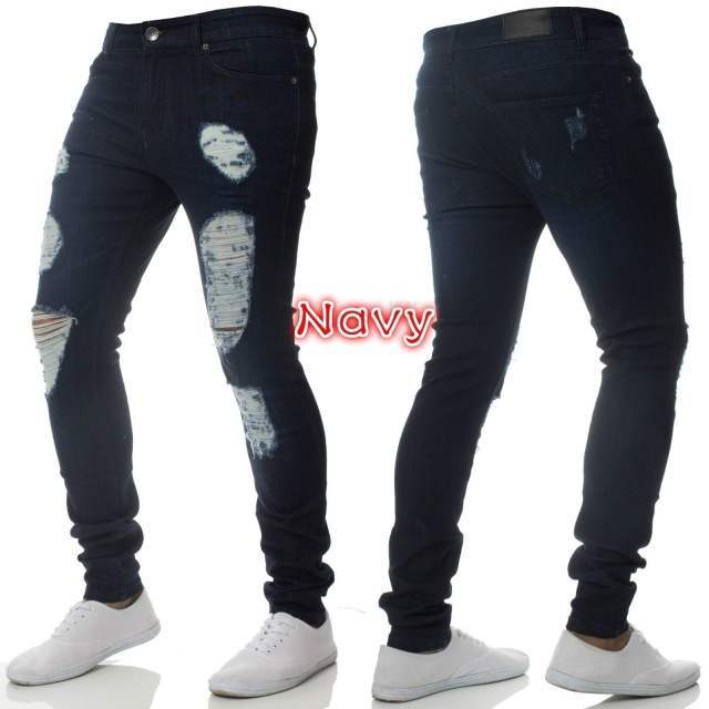 Men’s distressed navy skinny jeans with ripped patches, modeled front and back, FashionRay