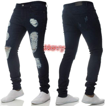 Men’s distressed navy skinny jeans with ripped patches, modeled front and back, FashionRay