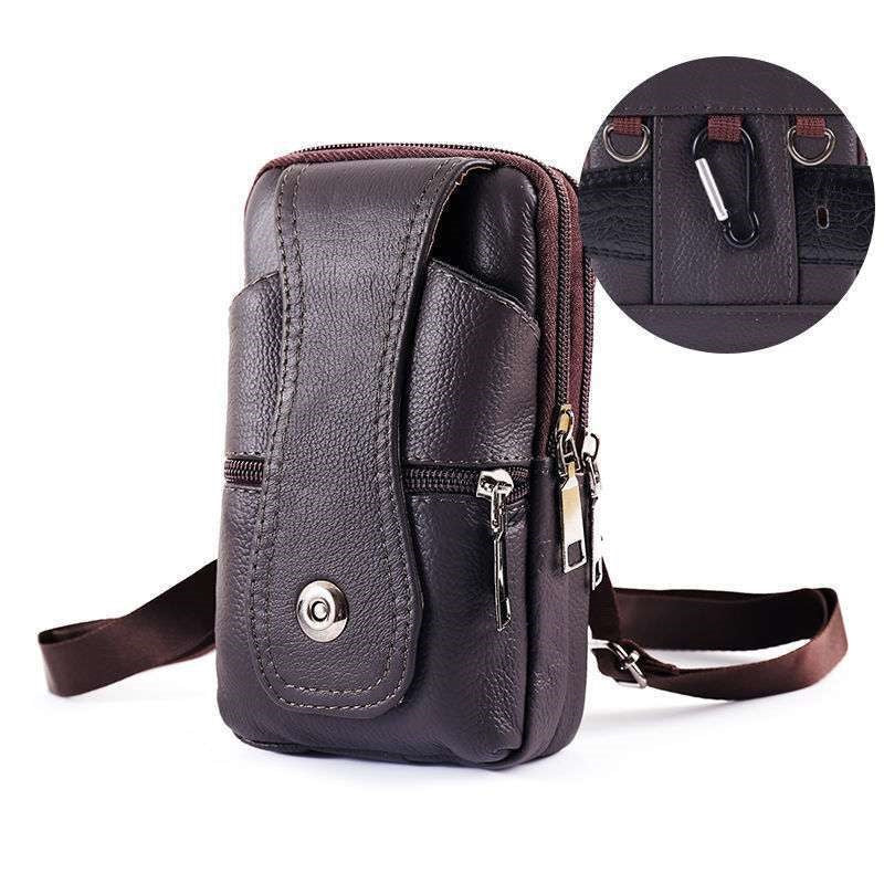 Dark brown leather crossbody bag with multiple zip pockets and a front snap flap, FashionRay style.