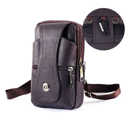 Dark brown leather crossbody bag with multiple zip pockets and a front snap flap, FashionRay style.