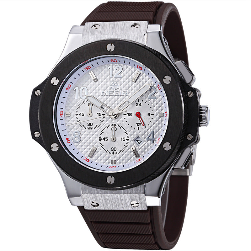 Men's MEGIR silver chronograph wristwatch with black bezel and brown strap from FashionRay