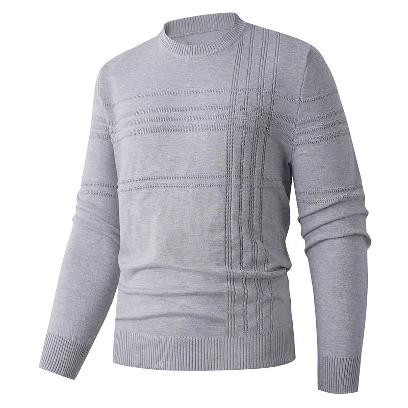 Light gray knit sweater with textured stripe patterns, long sleeves, from FashionRay