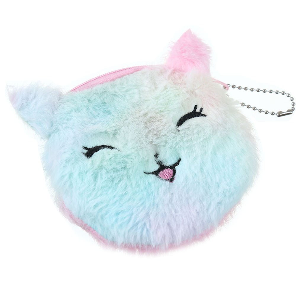 Pastel fuzzy cat coin purse with keychain, cute accessory from FashionRay