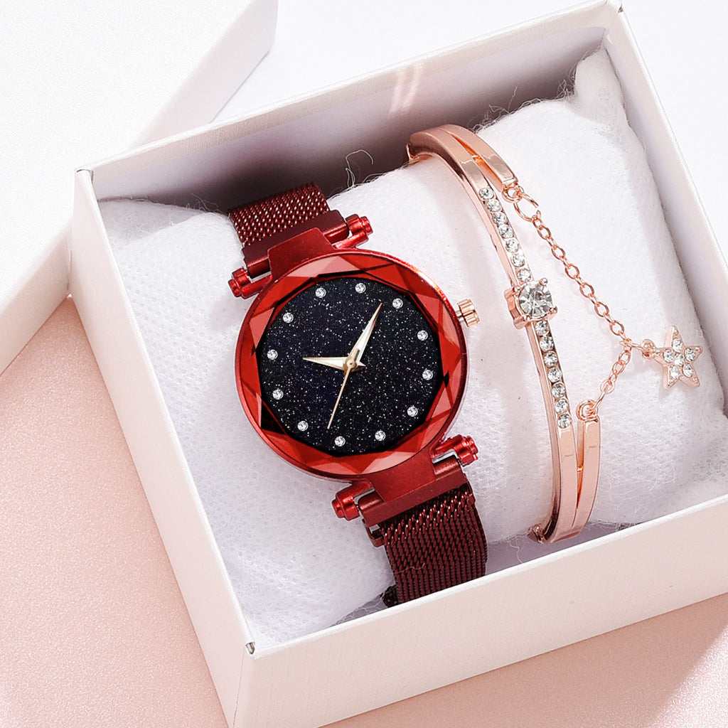 Elegant red mesh strap watch with glittery black dial and crystal bracelet gift set from FashionRay