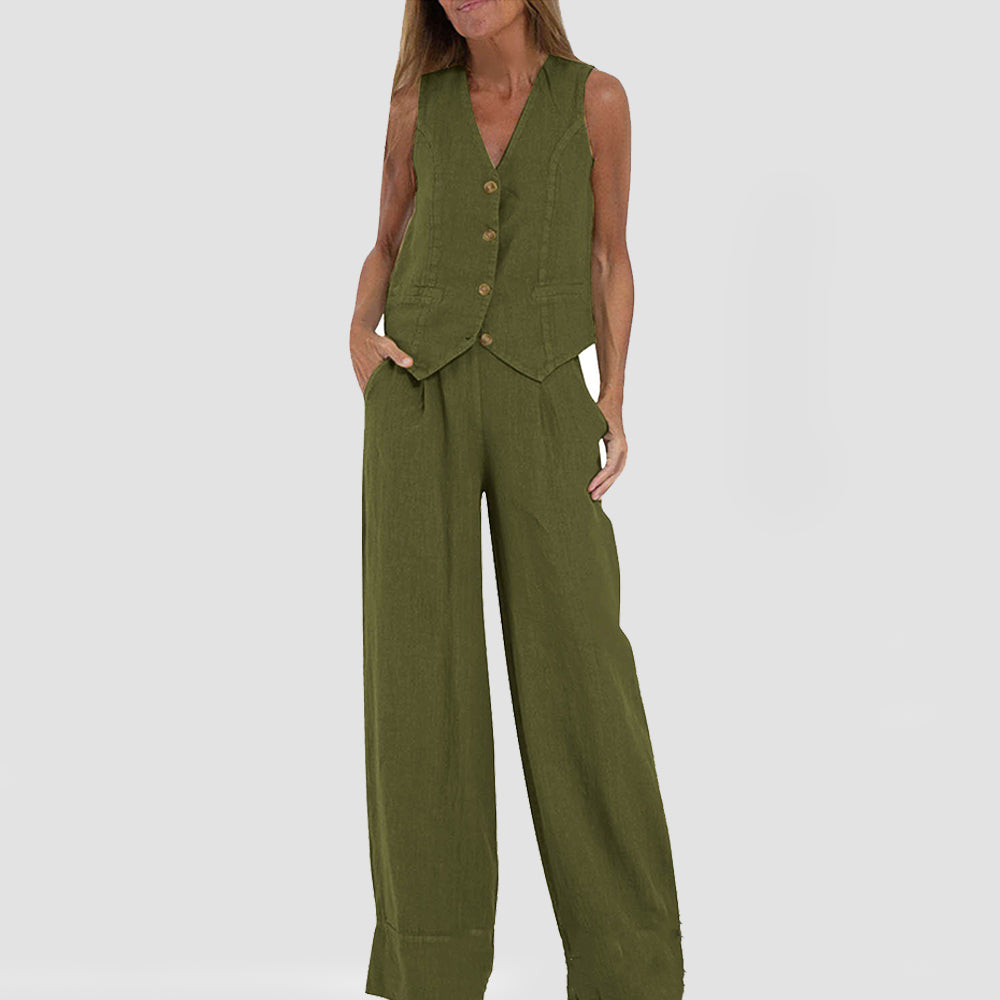 Woman wearing olive green vest and wide-leg pants set from FashionRay