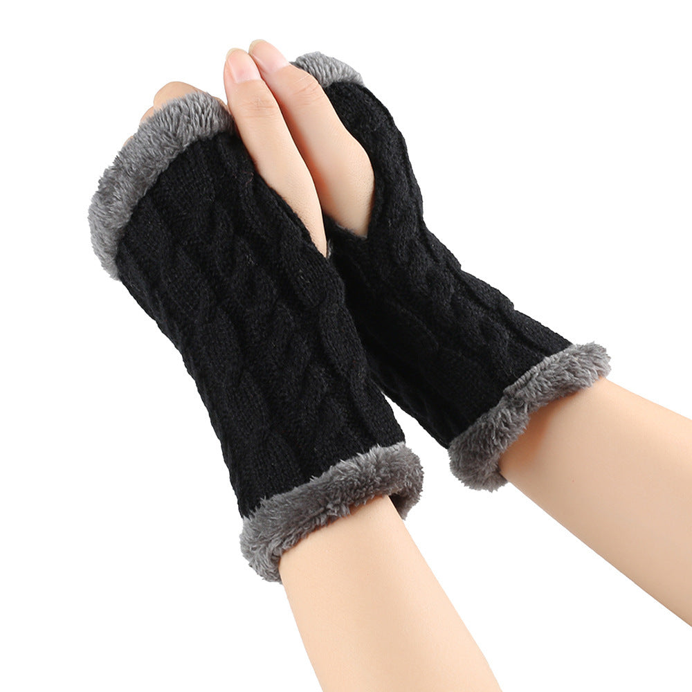 Black knit fingerless gloves with gray faux fur trim, FashionRay winter accessory