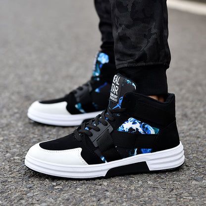 FashionRay trendy black and white high-top sneakers with blue accents on asphalt