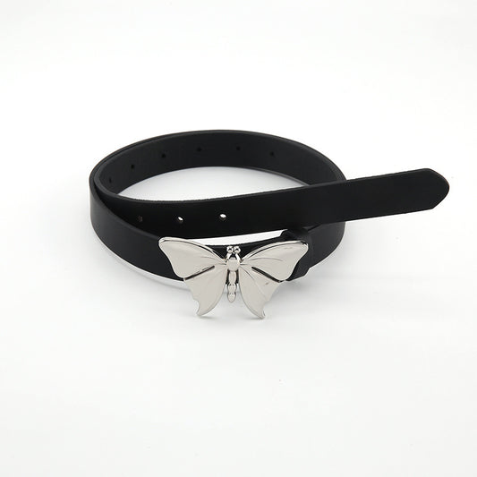 Black leather belt with silver butterfly buckle, FashionRay trendy accessory