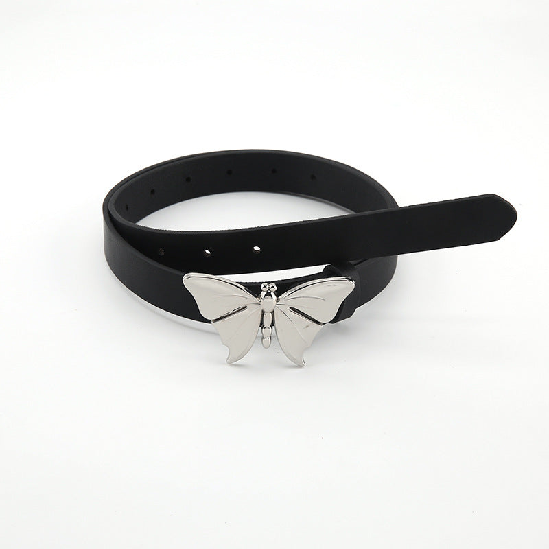 FashionRay black belt with silver butterfly buckle on white background