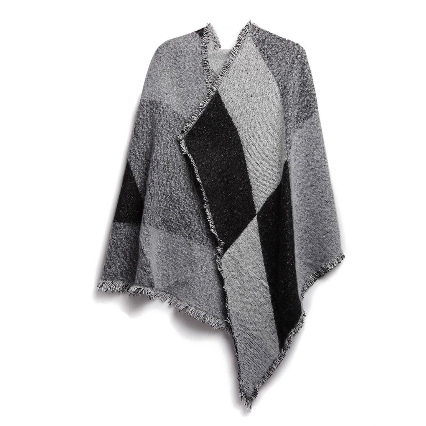 Gray and black checkered poncho with fringe edges, trendy outerwear from FashionRay