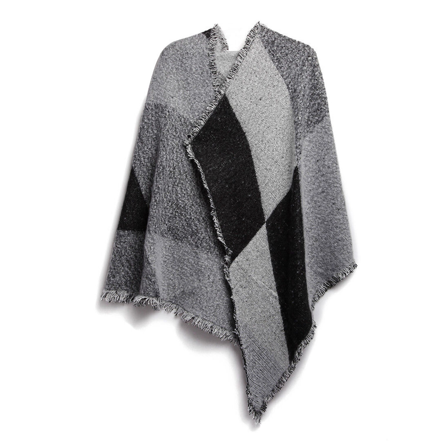 Gray and black checkered poncho with fringe edges, trendy outerwear from FashionRay