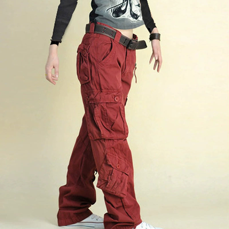 Trendy red cargo pants with pockets, casual streetwear at FashionRay