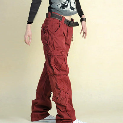 Trendy red cargo pants with pockets, casual streetwear at FashionRay