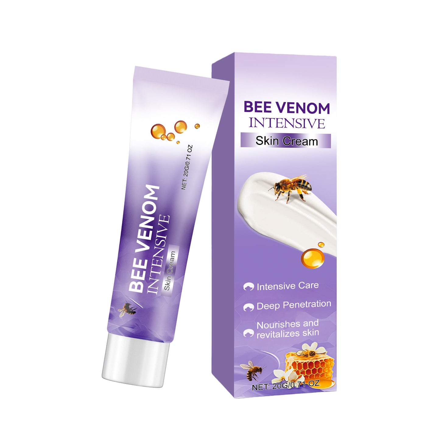 Bee Venom Intensive Skin Cream tube and box with bee, honeycomb, and skincare benefits, FashionRay