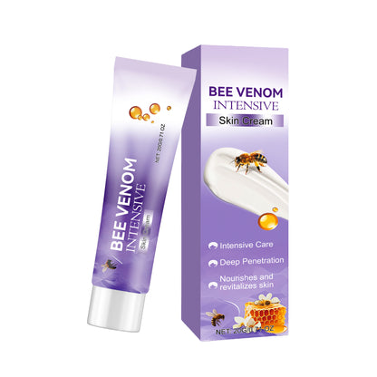 Bee Venom Intensive Skin Cream tube and box with bee, honeycomb, and skincare benefits, FashionRay