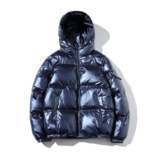 Shiny navy puffer jacket with hood and zip, fashionable winter outerwear from FashionRay