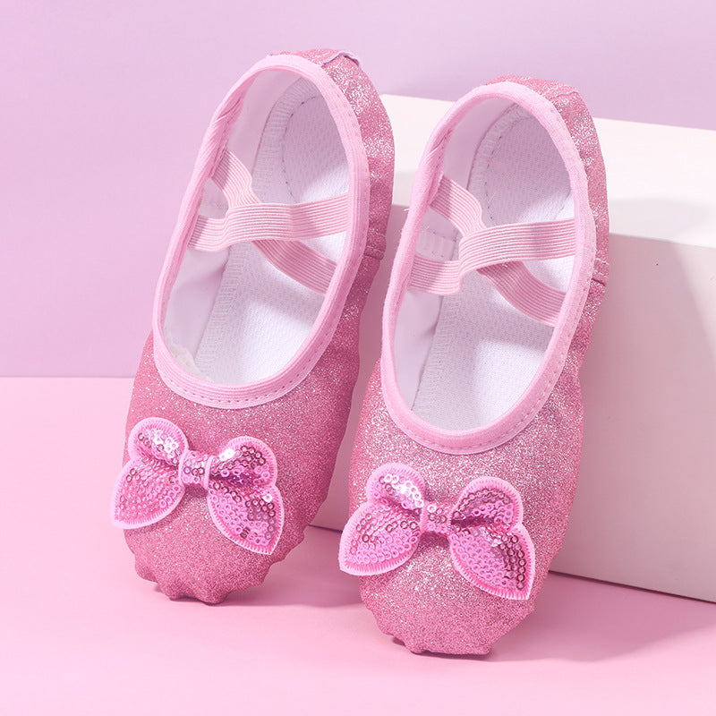 Sparkly pink ballet flats with sequin bows, FashionRay trendy kids' shoes on pastel background